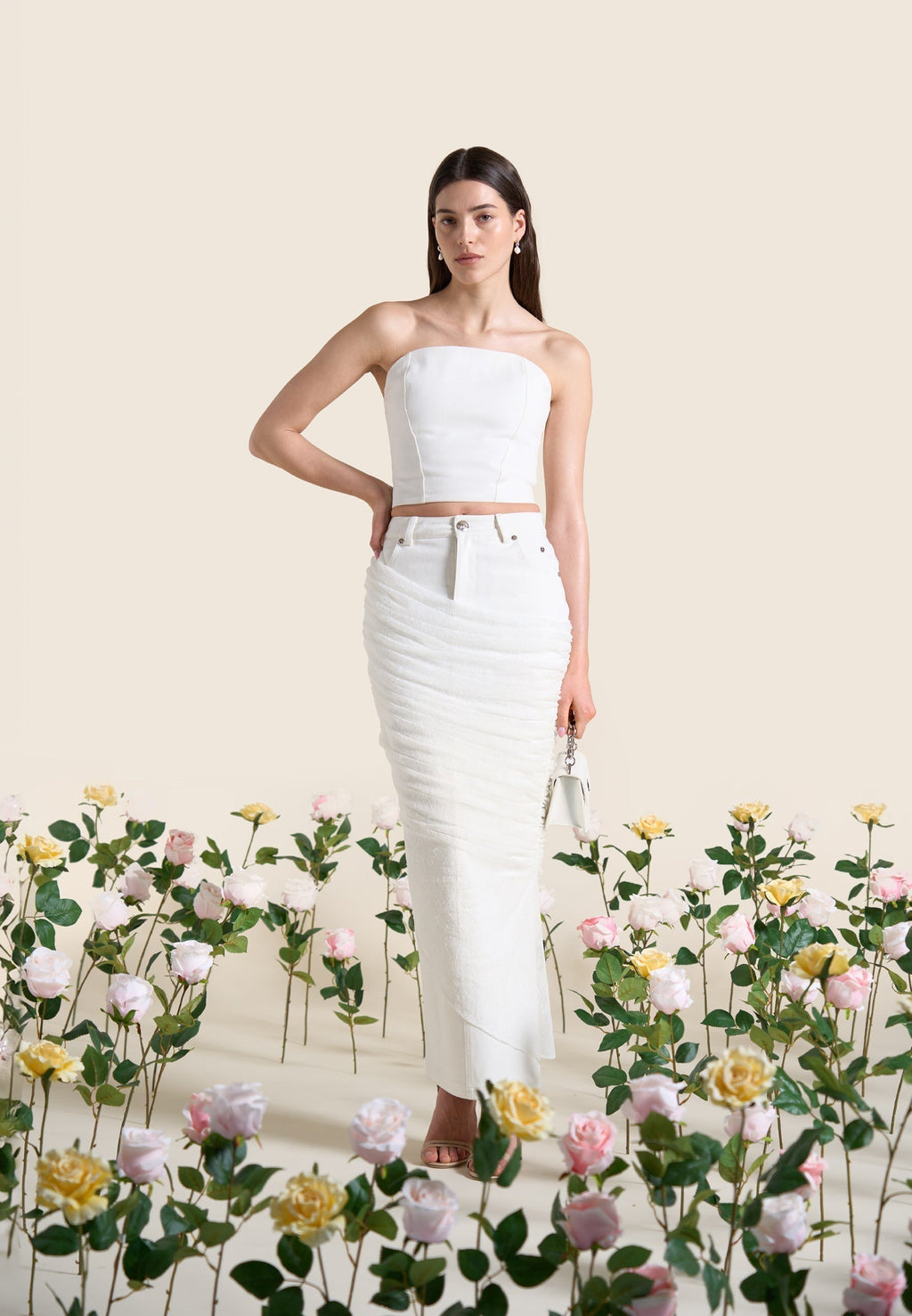 Draped Mesh Denim Maxi Skirt - Off White