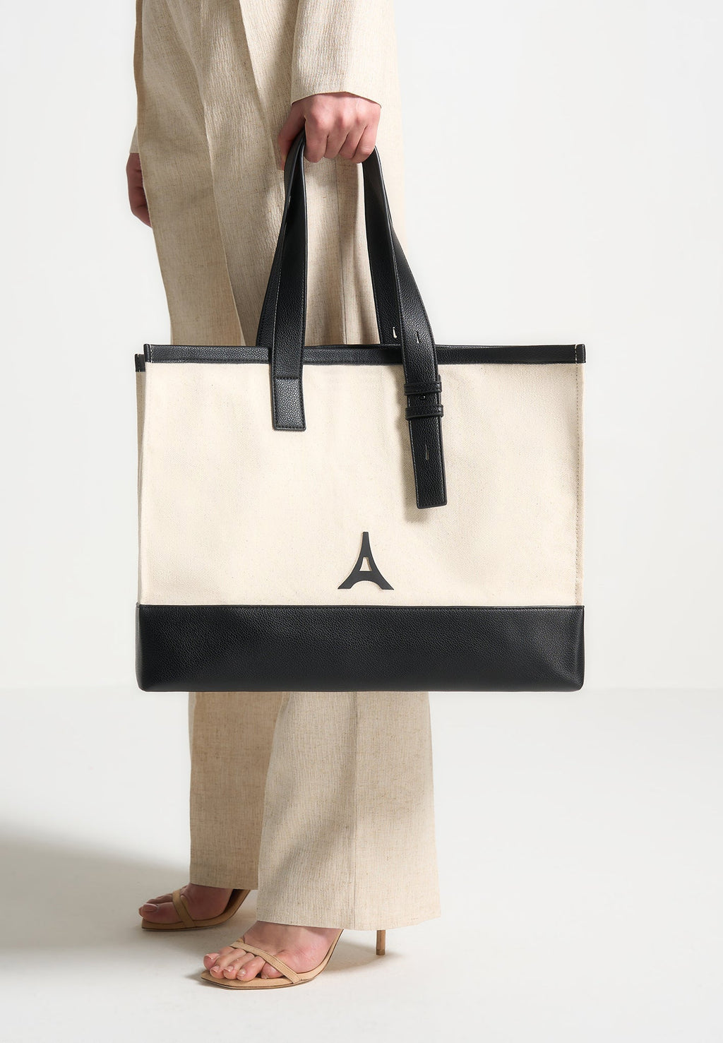 Eiffel Detail Canvas Tote Bag - Beige/Black