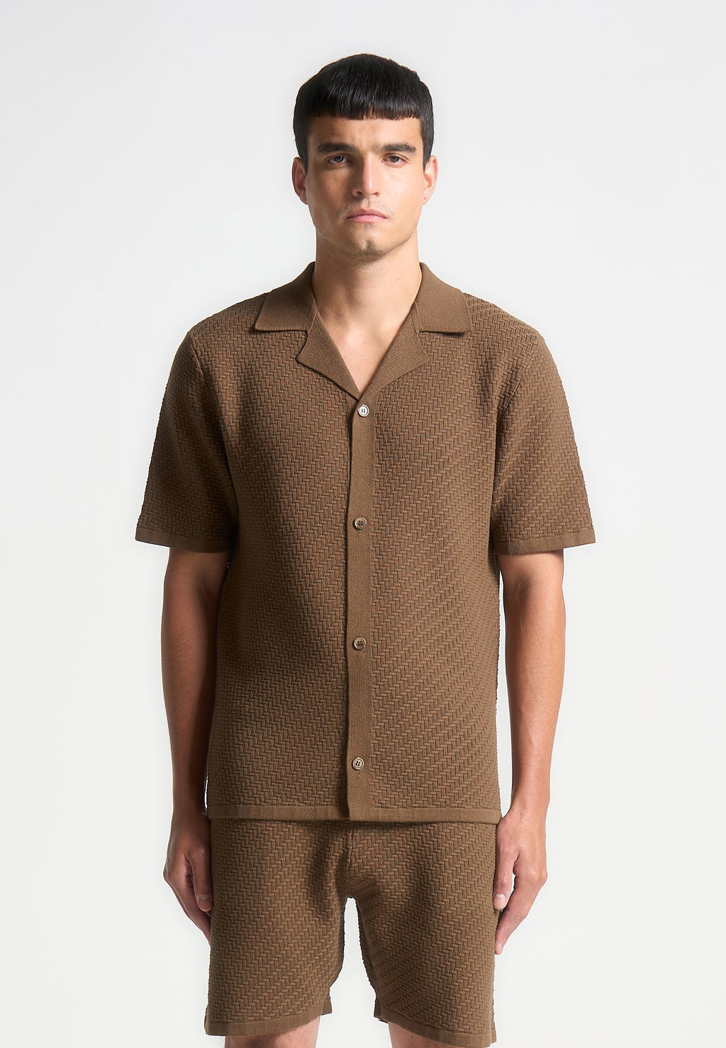 Herringbone Knit Revere Shirt - Brown