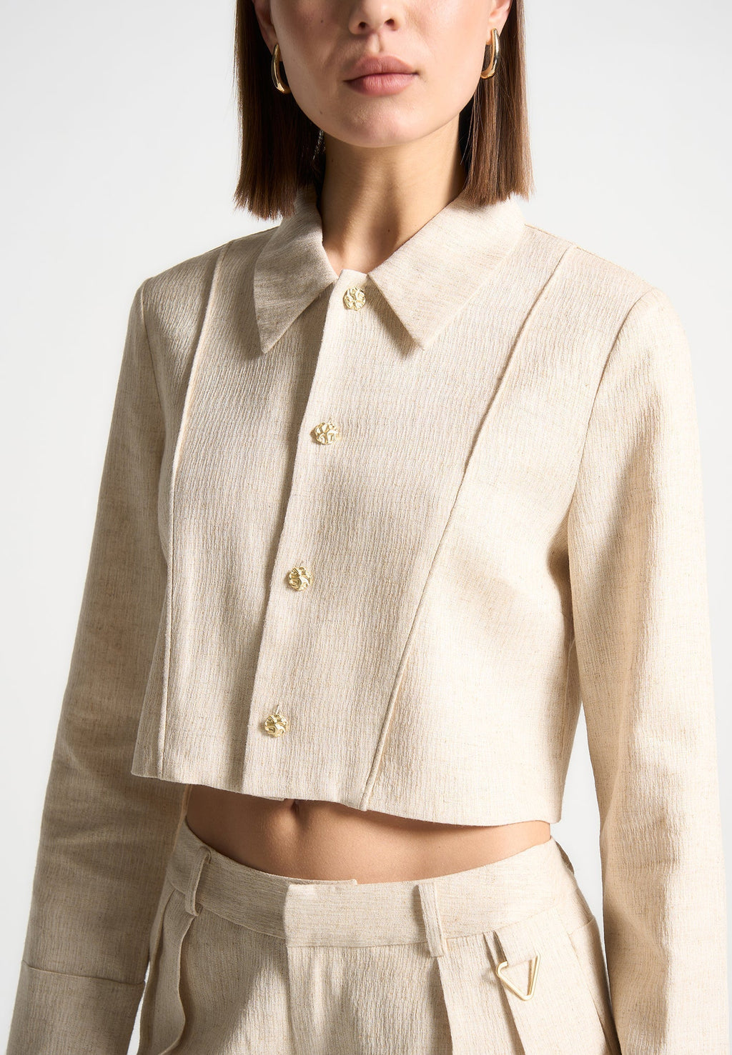 Linen Pintuck Cropped Shirt - Natural