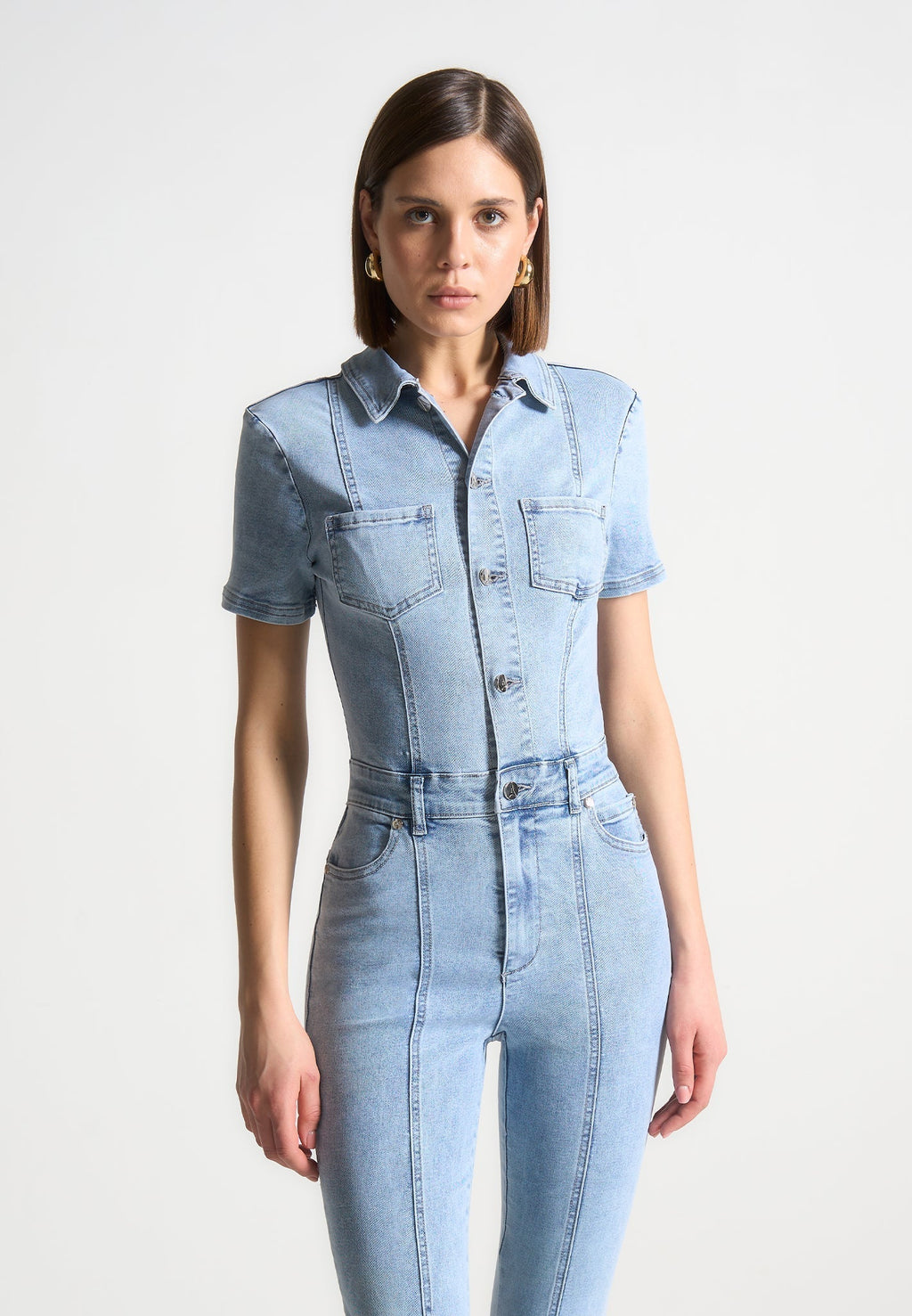 Mini Flared Denim Jumpsuit - Mid Blue