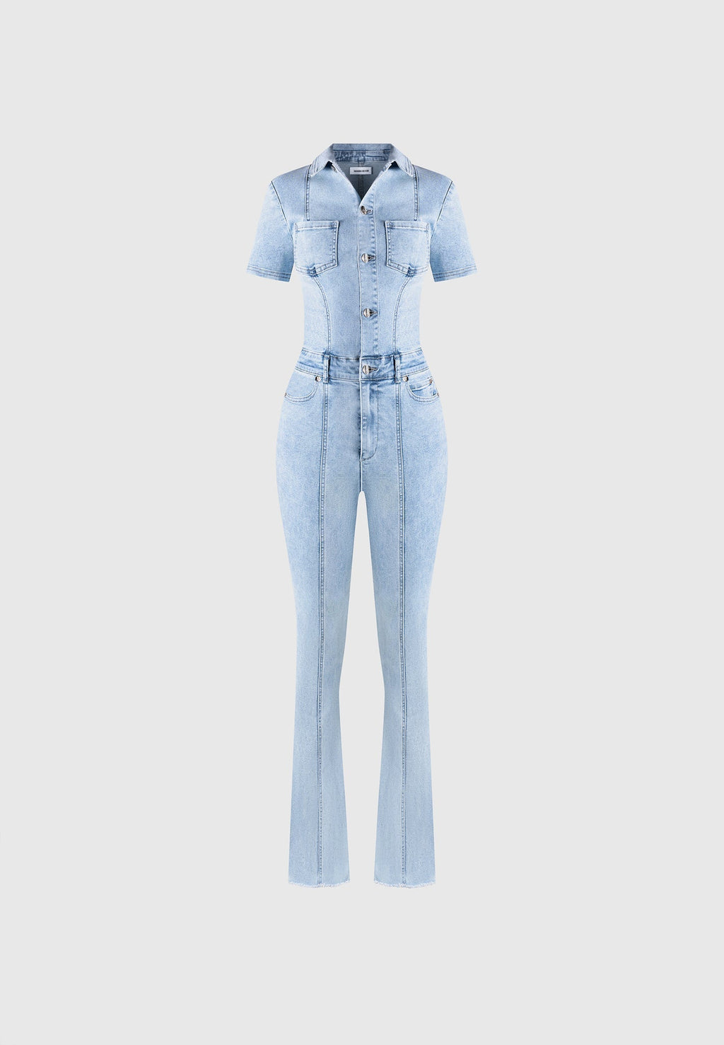Mini Flared Denim Jumpsuit - Mid Blue