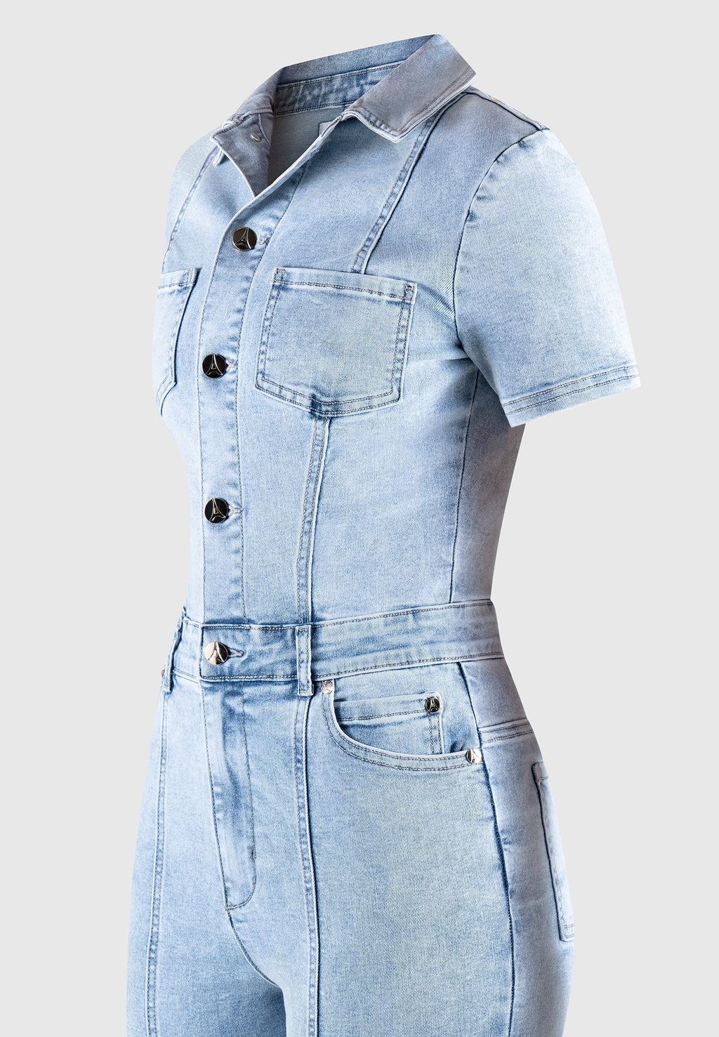Mini Flared Denim Jumpsuit - Mid Blue