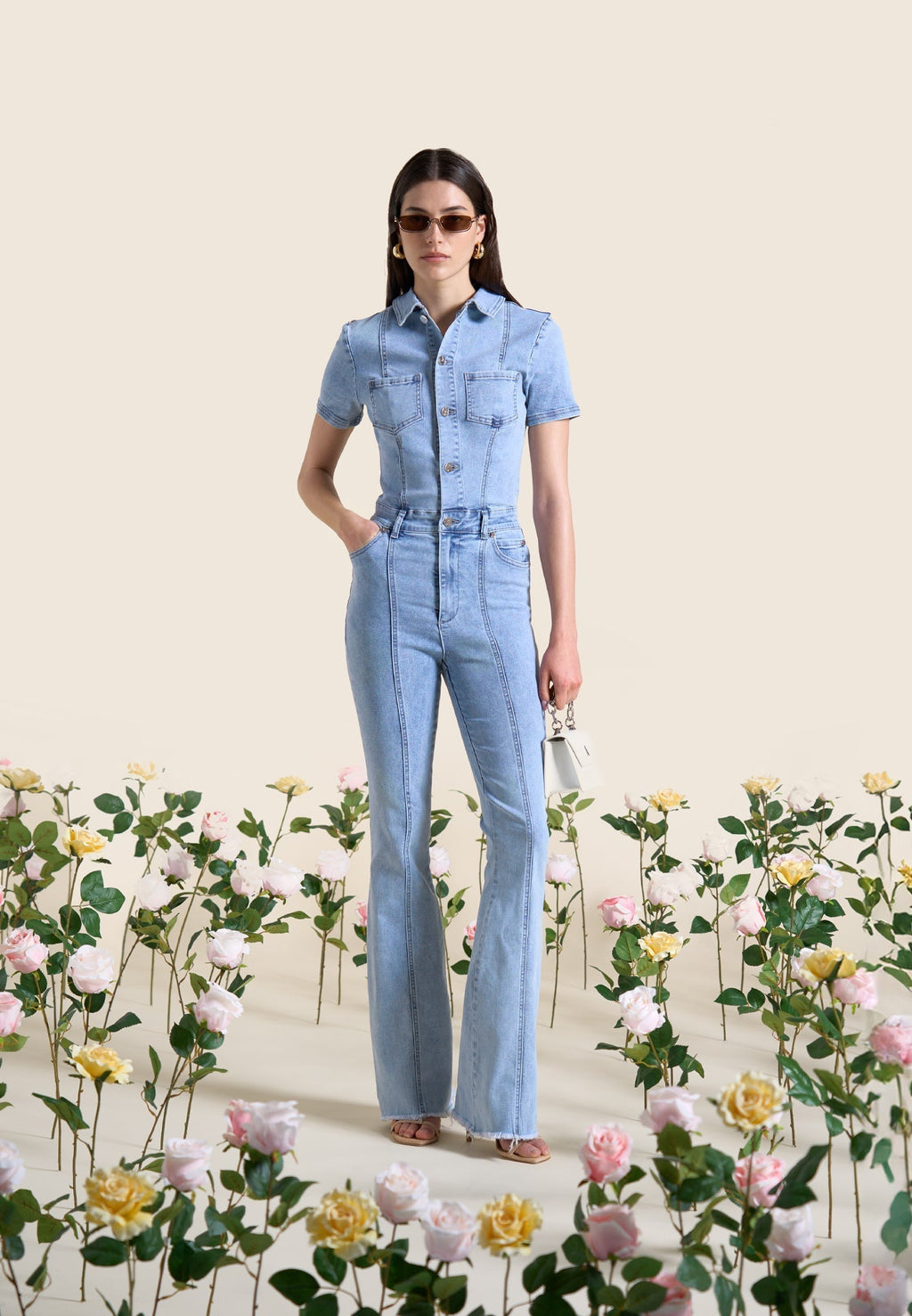 Mini Flared Denim Jumpsuit - Mid Blue