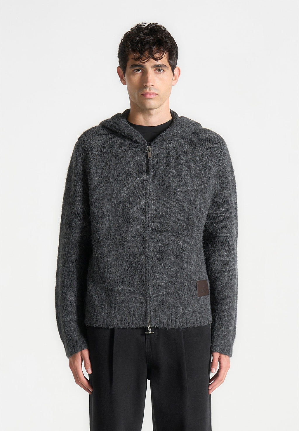 Mohair-Blend Zip Through Hoodie - Charcoal Grey