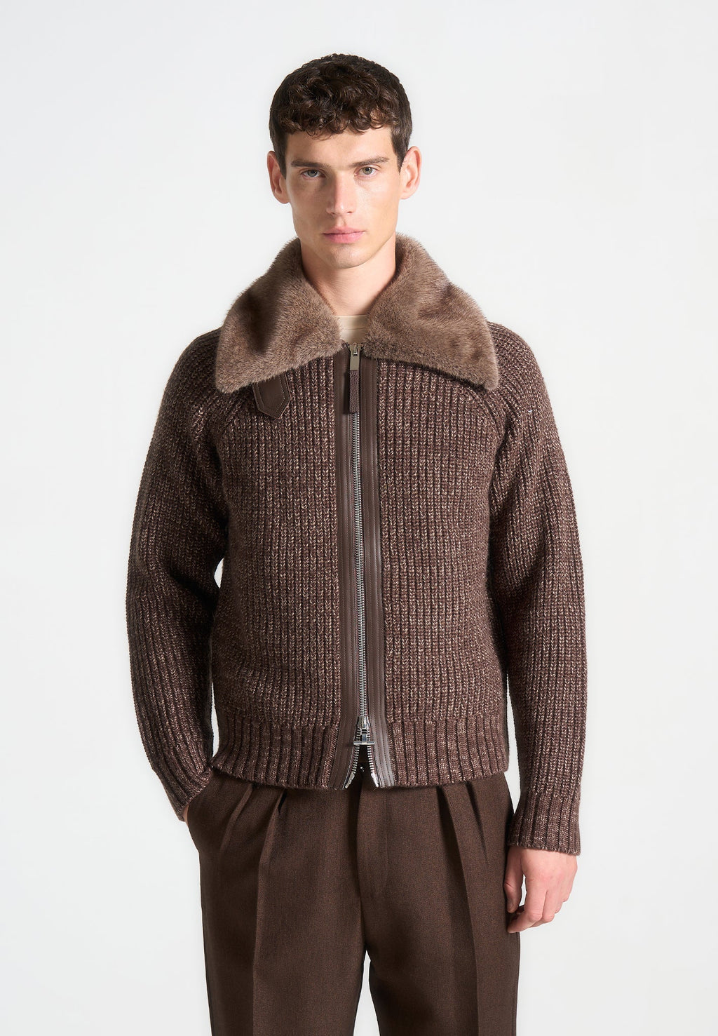 Plush Collar Wool Knit Jacket - Brown