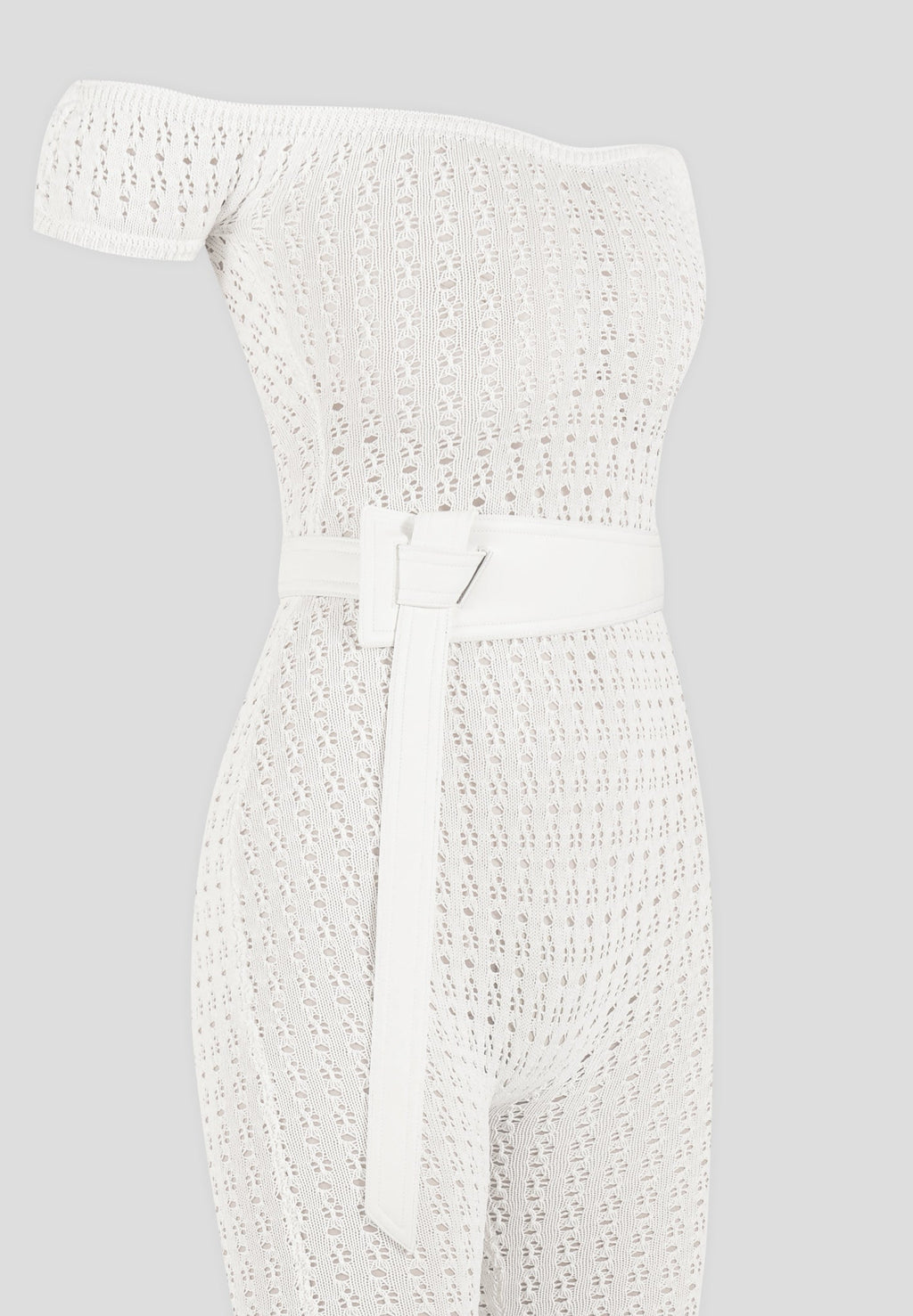 Pointelle Knit Bardot Jumpsuit with Belt - Cream