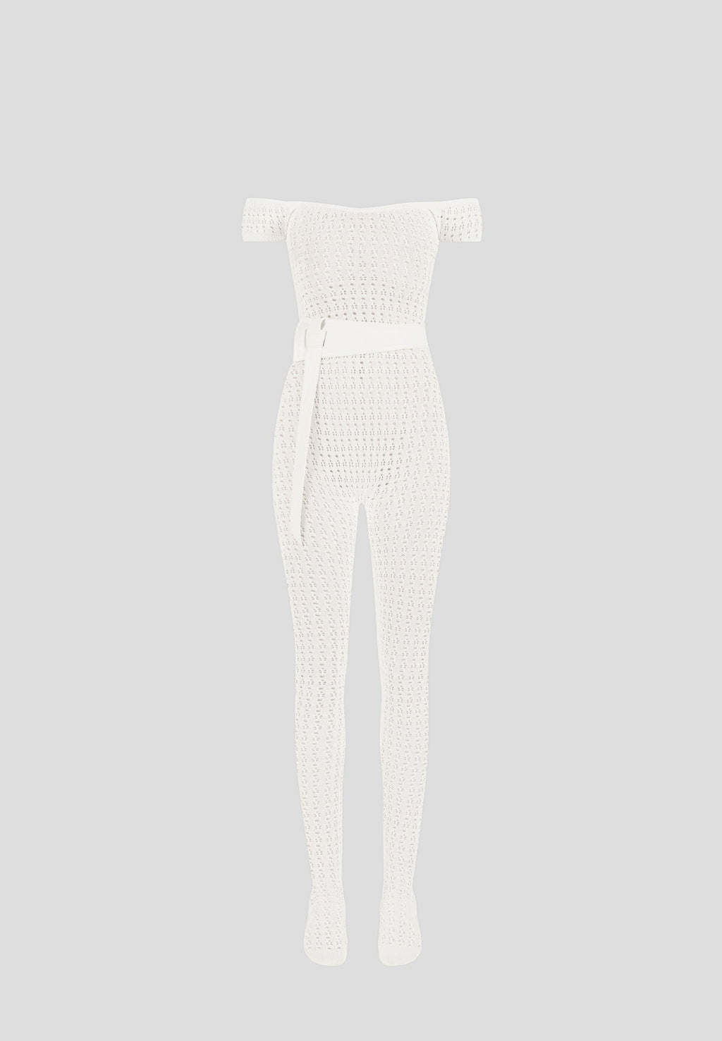 Pointelle Knit Bardot Jumpsuit with Belt - Cream
