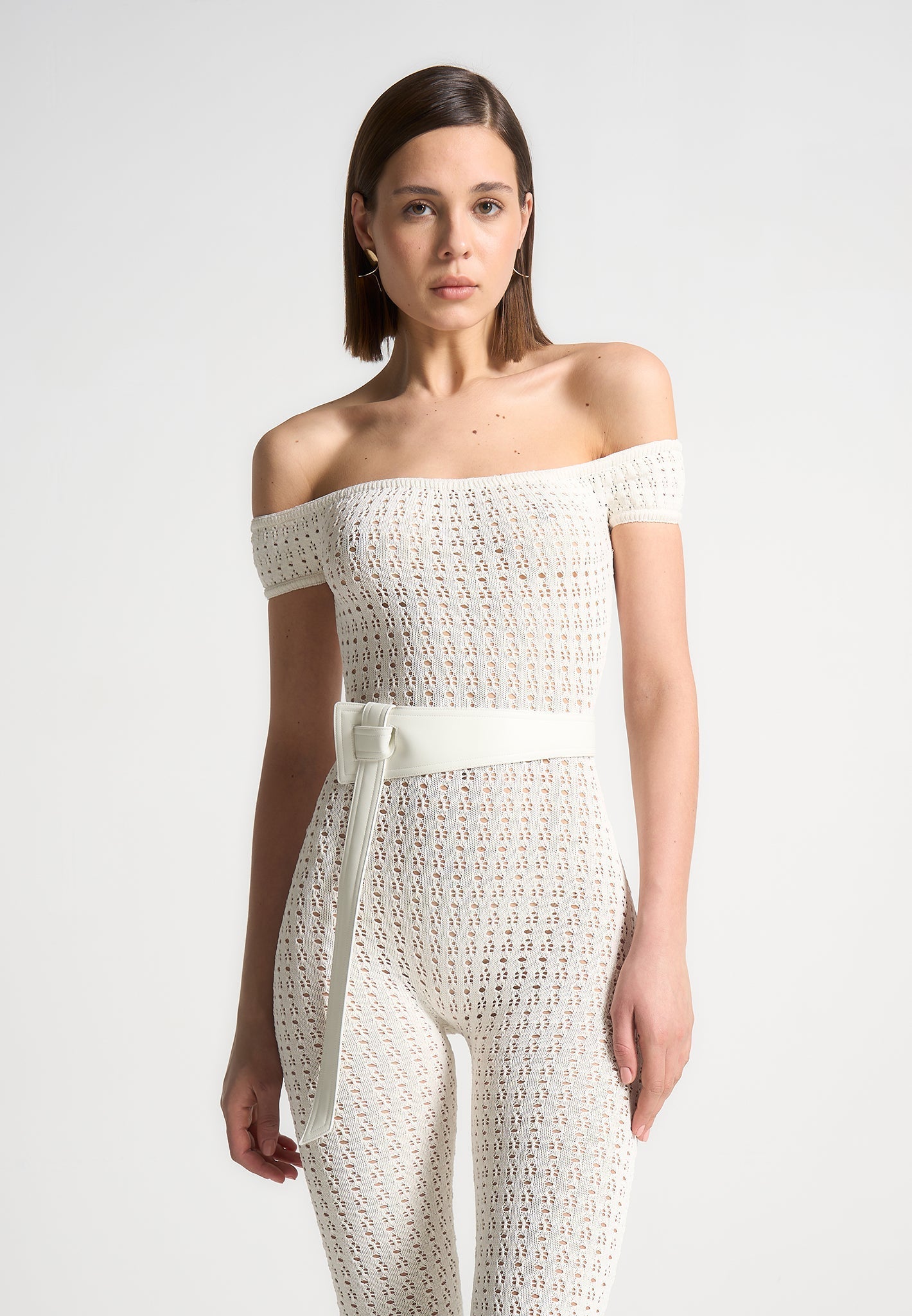 Pointelle Knit Bardot Jumpsuit with Belt - Cream