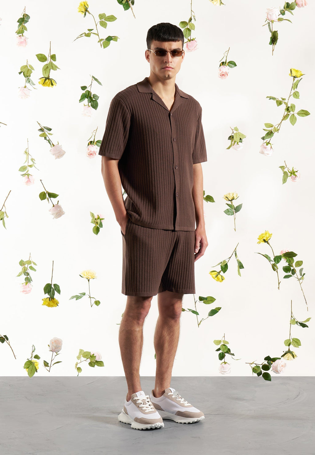 Ribbed Knit Revere Shirt - Brown