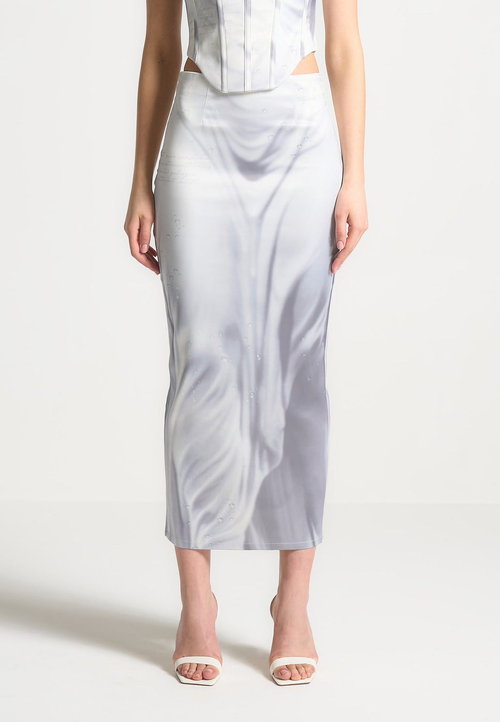 Satin Renaissance Body Print Midaxi Skirt - Off White