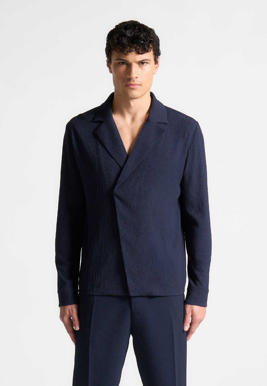 Seersucker Double Breasted Shirt - Navy