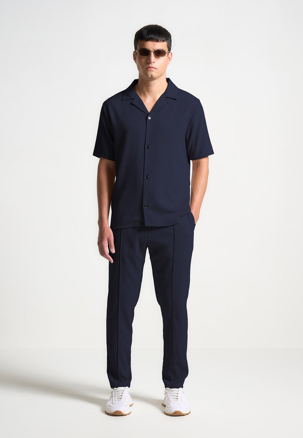 Seersucker Tapered Trousers - Navy