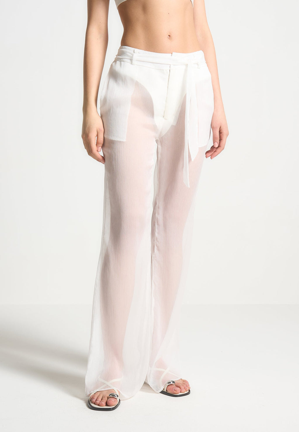 Sheer Belted Trousers - White