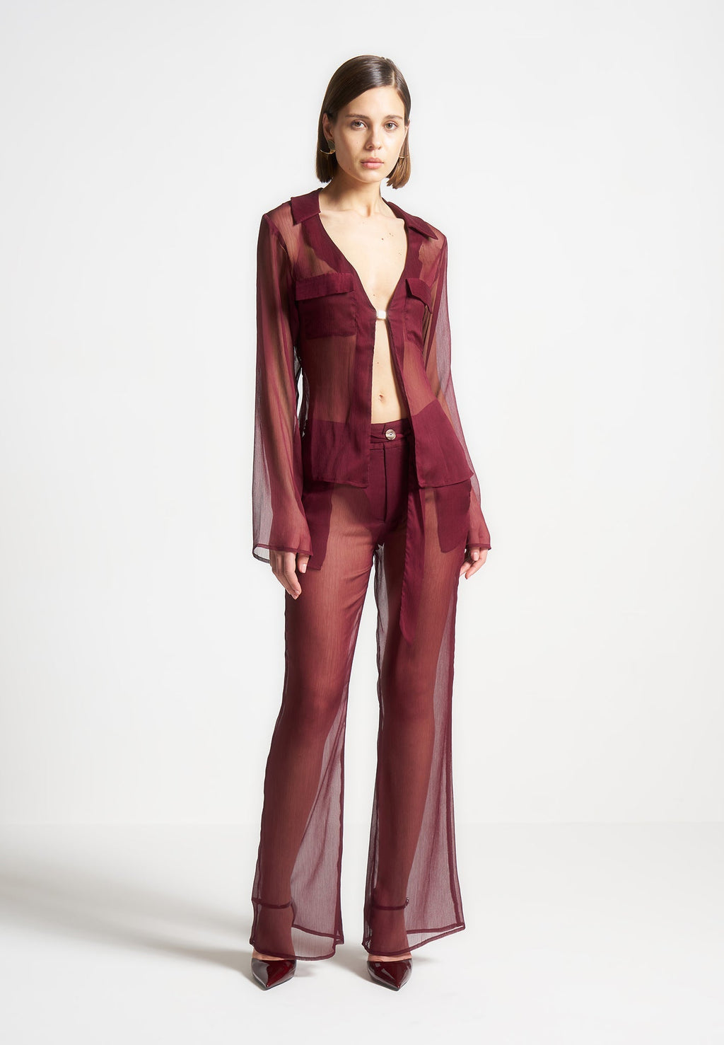 Sheer Shirt with Clasp - Wine Red