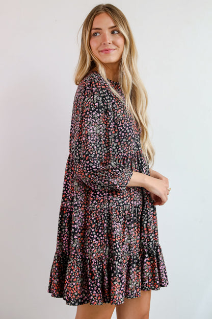 Gorgeous Outcome Black Floral Tiered Mini Dress