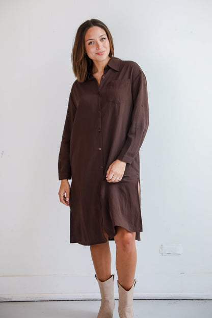 Cherished Chicness Brown Button Front Midi Dress