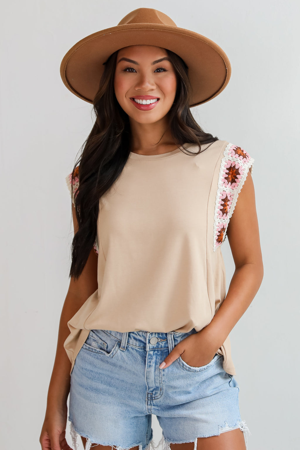 Adored Cutie Mocha Crochet Sleeve Top - DU DEAL