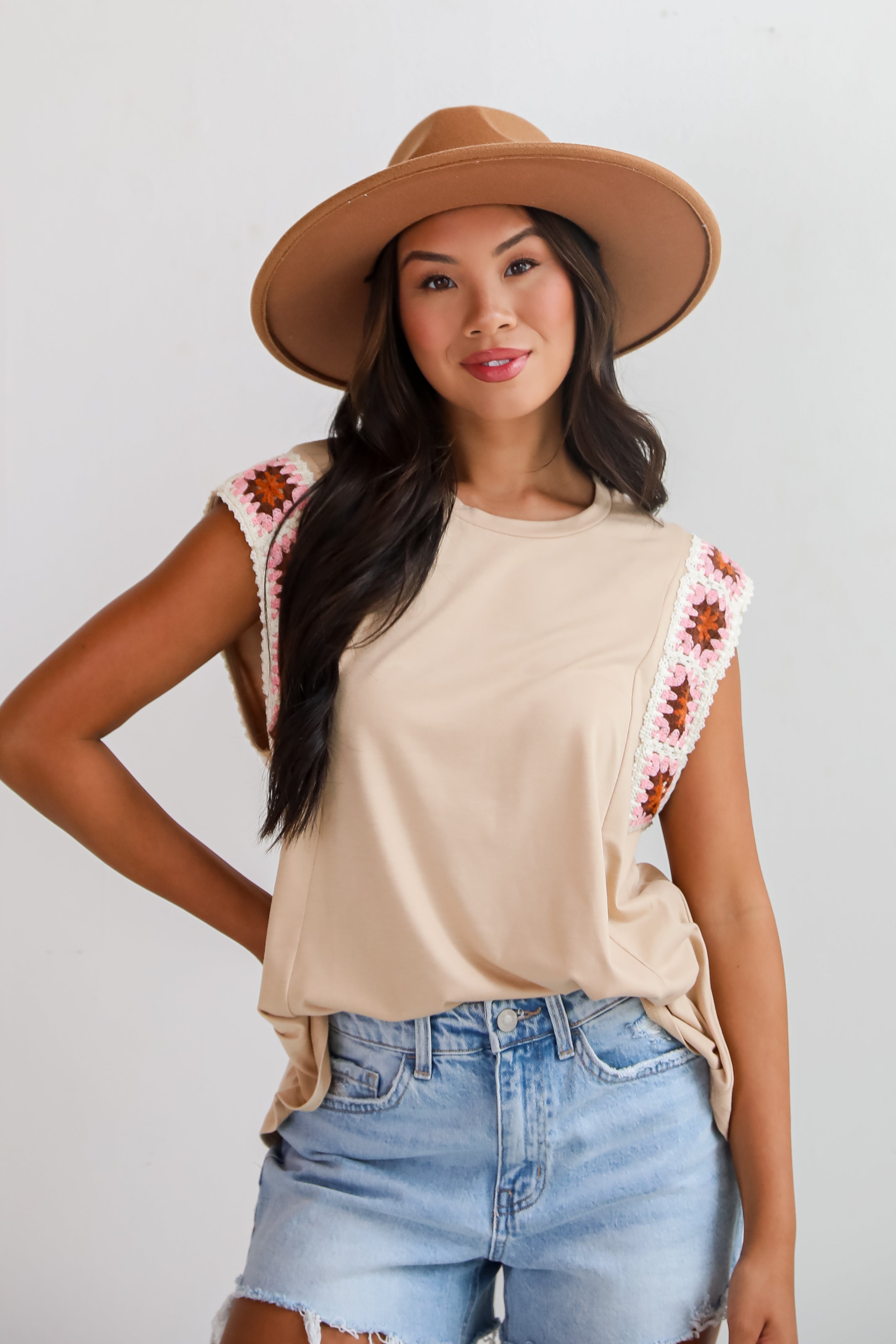 Adored Cutie Mocha Crochet Sleeve Top - DU DEAL