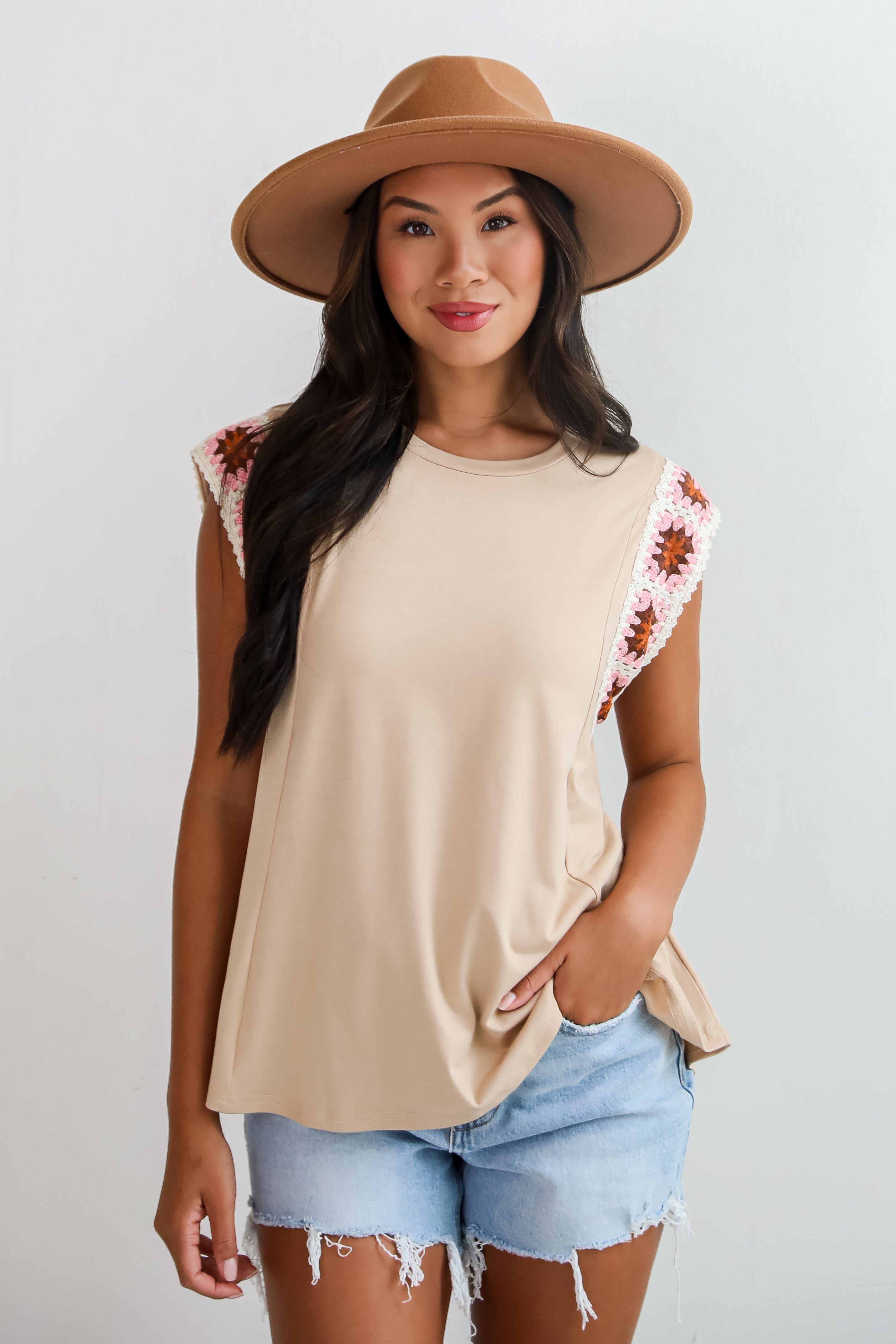 Adored Cutie Mocha Crochet Sleeve Top - DU DEAL