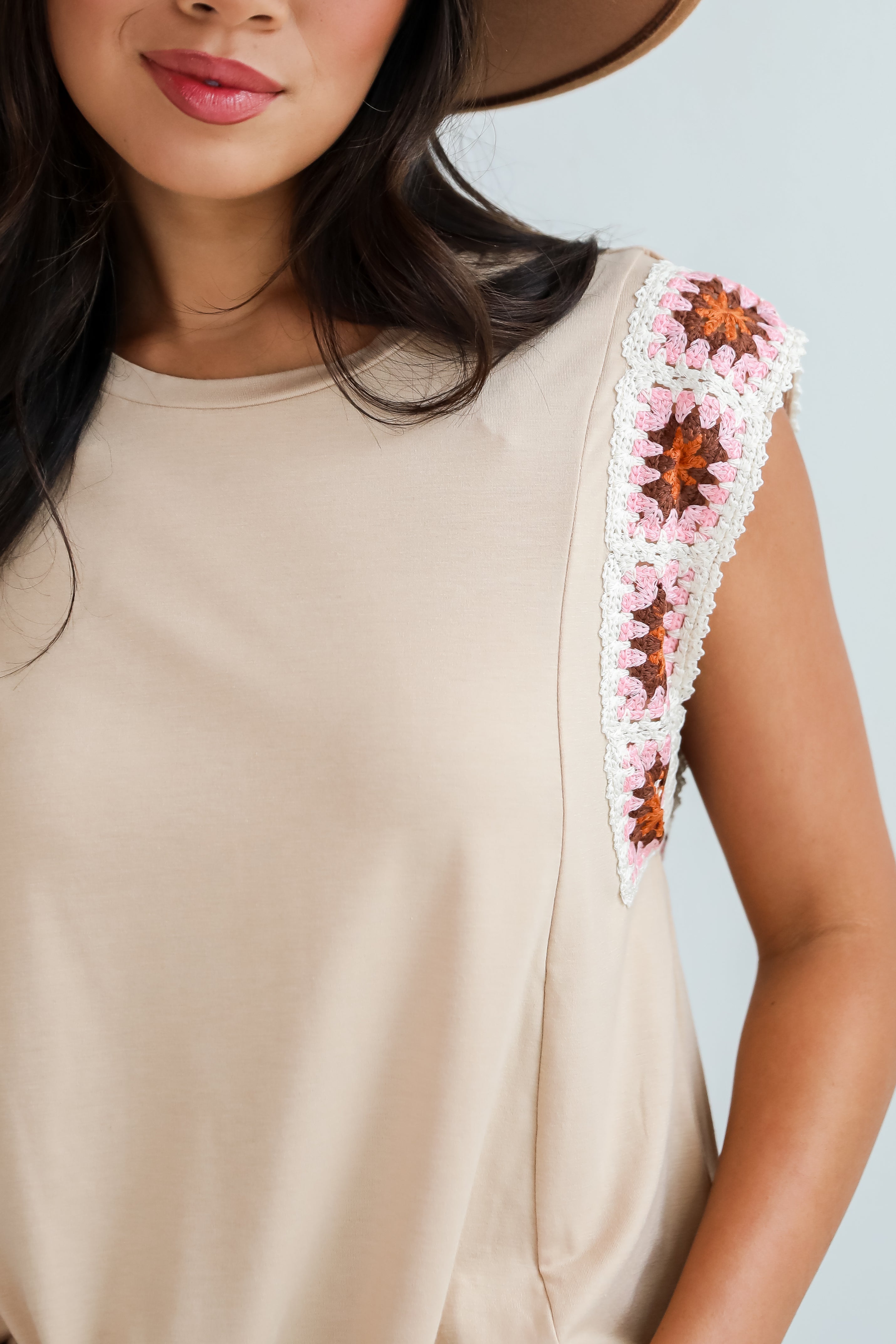 Adored Cutie Mocha Crochet Sleeve Top - DU DEAL