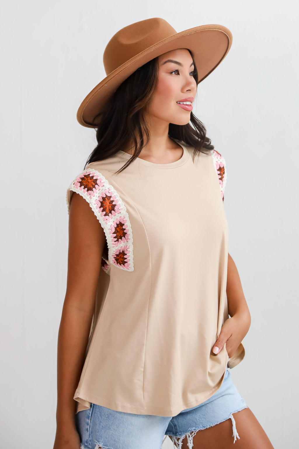 Adored Cutie Mocha Crochet Sleeve Top - DU DEAL