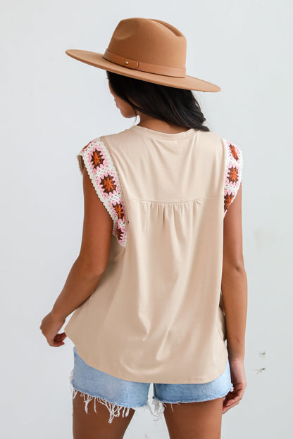 Adored Cutie Mocha Crochet Sleeve Top - DU DEAL