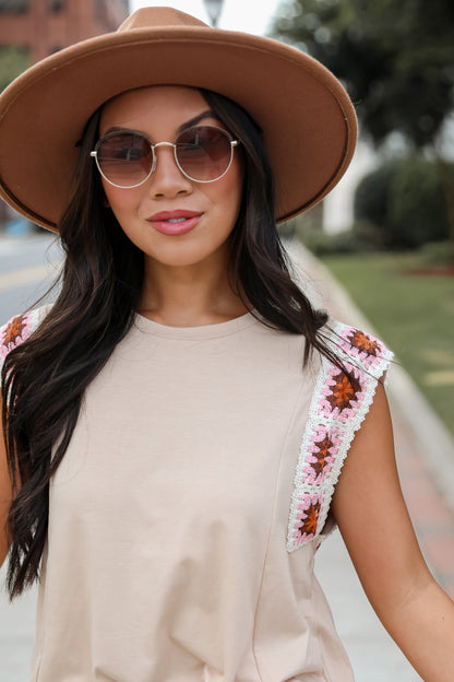 Adored Cutie Mocha Crochet Sleeve Top - DU DEAL