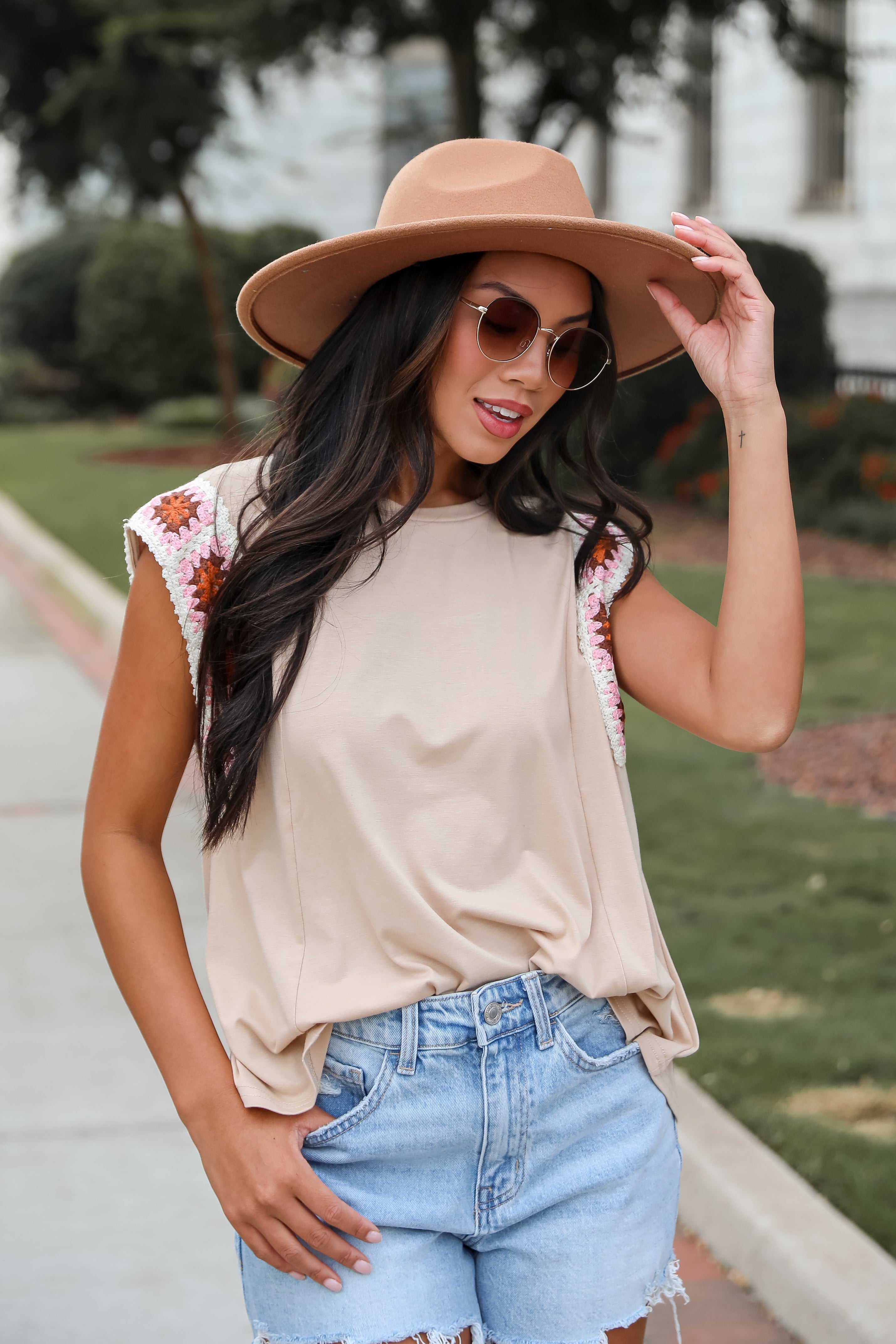 Adored Cutie Mocha Crochet Sleeve Top - DU DEAL