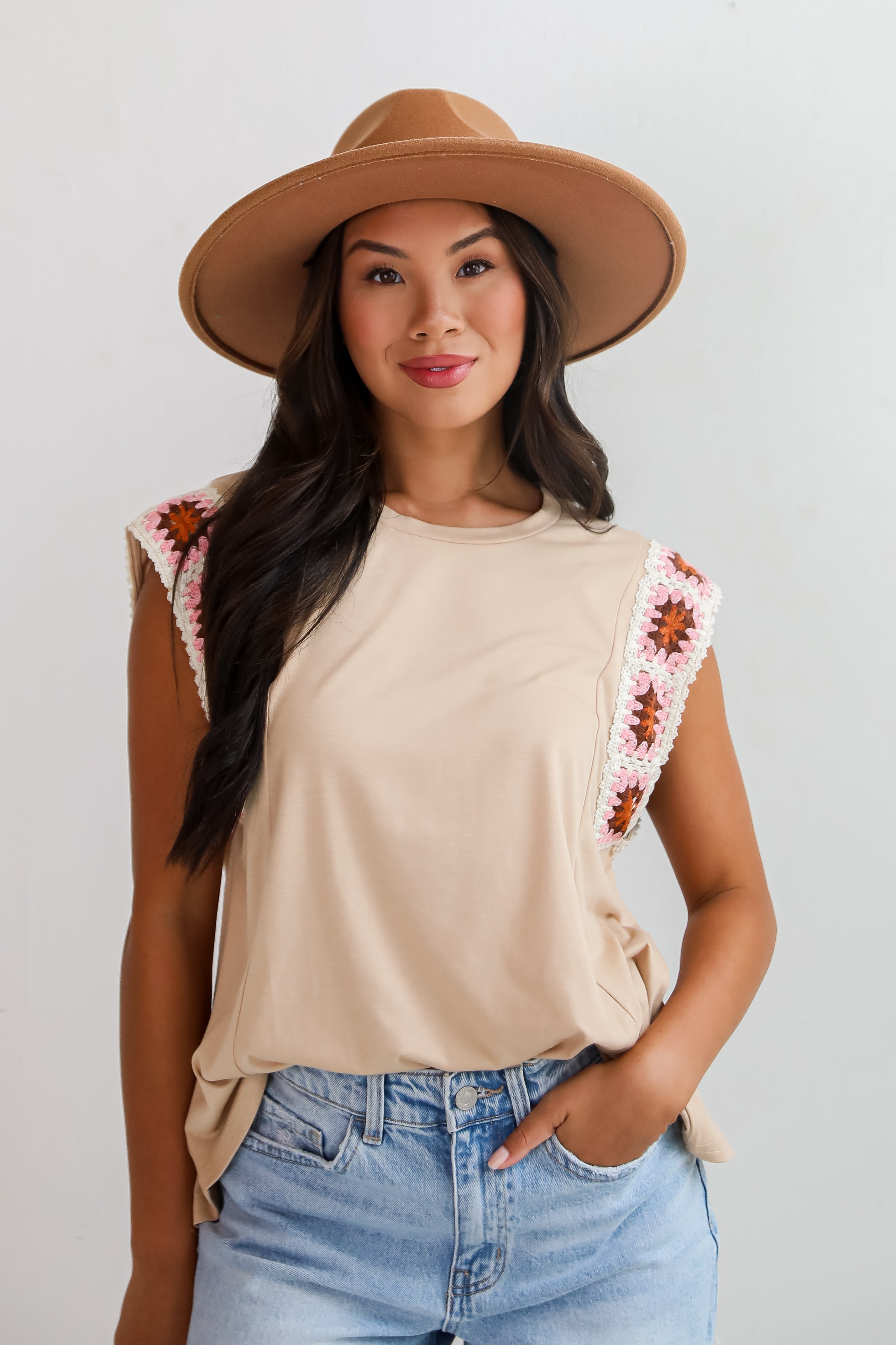 Adored Cutie Mocha Crochet Sleeve Top - DU DEAL