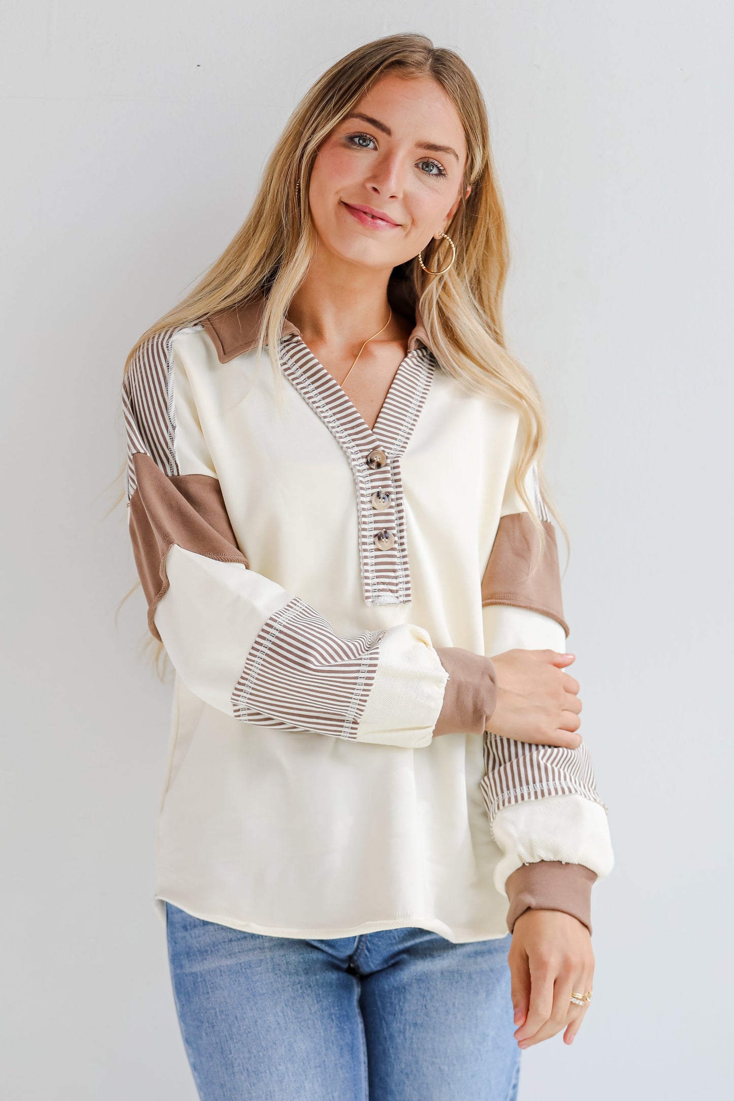 Casual Energy Ivory Collared Color Block Oversized Top