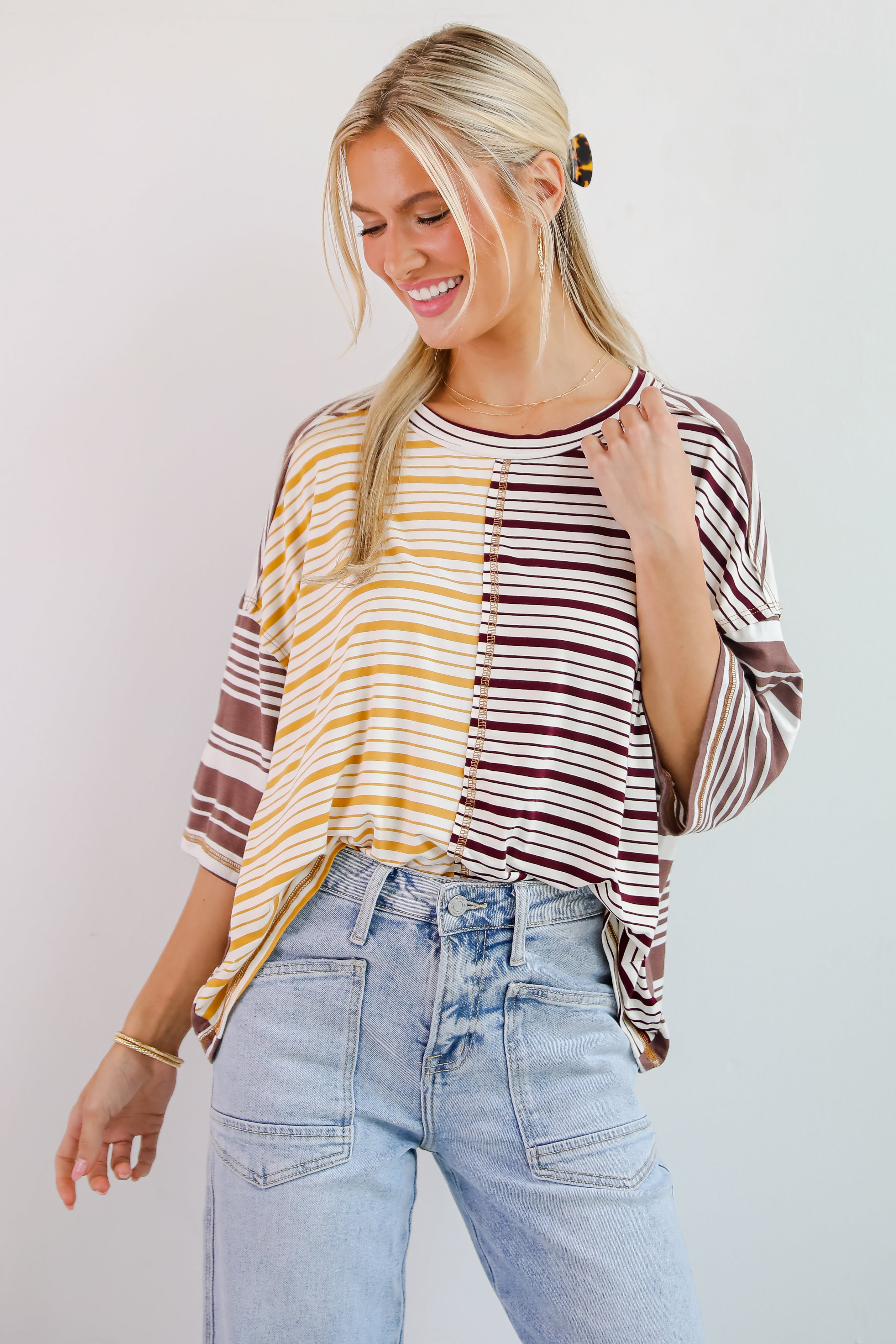 Seriously Comfy Mocha Striped Color Block Top