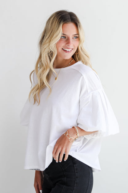 Poised Performance White Contrast Puff Sleeve Top