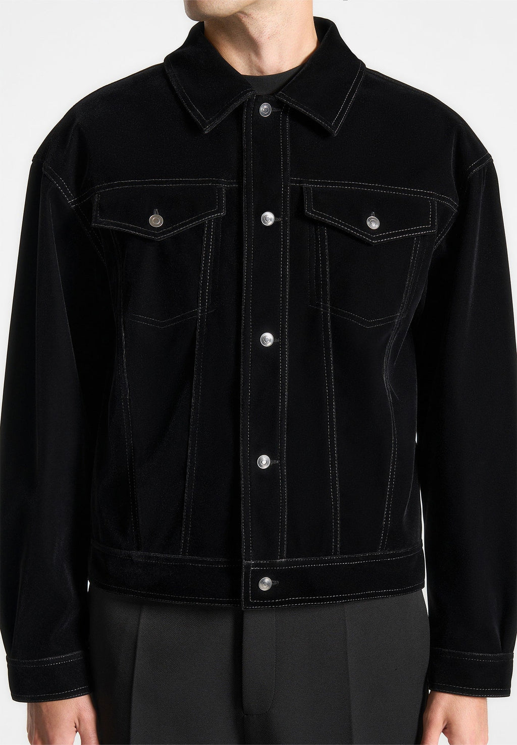 Velvet Contrast Stitch Trucker Jacket - Black