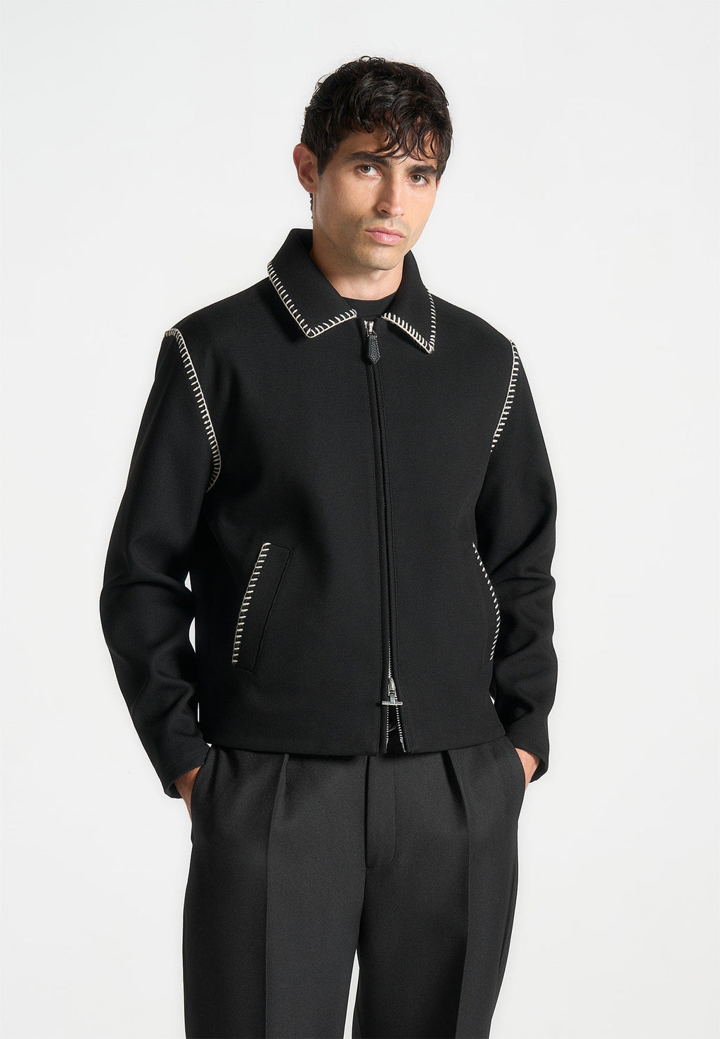 Whipstitch Twill Boxy Jacket - Black